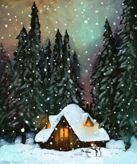 Christmas Cabin Illustration, Christmas Cabin Painting, Cute Easy Animal Drawings, Easy Scenery Drawing, Easy Animal Drawings, Abstract Tree Painting, Christmas Forest, Painting Snow, Christmas Crafts To Make