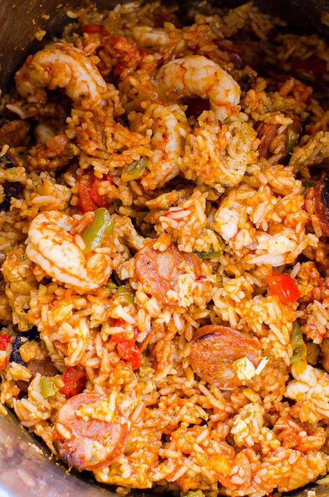 Instant Pot Jambalaya is delicious one pot meal with veggies sauteed in sausage drippings, tender chicken, rice, succulent shrimp and lots of Cajun spice, seasonings and flavor. Chicken And Shrimp Instant Pot Recipes, Instant Pot Jambalaya, Jambalaya Recipe Instant Pot, Shrimp And Sausage Jambalaya, Cajun Shrimp And Rice, Sausage Jambalaya Recipe, Creole Chicken, Chicken Jambalaya, Shrimp Jambalaya