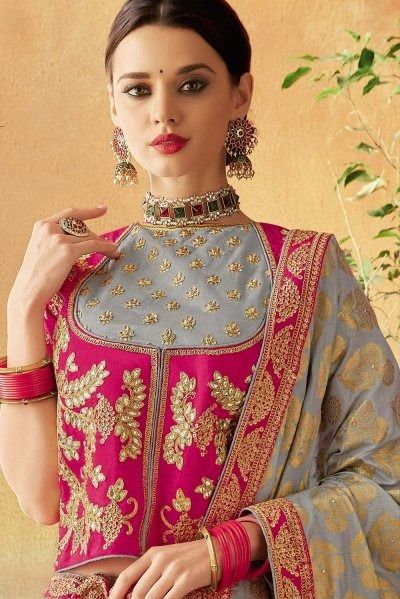 Step into the world of elegance with this Light Grey Pink Brocade Silk Embroidered Lehenga Set. The intricate embroidery on the silk fabric exudes charm and sophistication. Perfect for special occasions.
PRICE:  $110.00 Rajasthani Blouse, Pink Brocade Lehenga, Jacket Style Blouse, Rajasthani Lehenga, Long Choli Lehenga, Choli Blouse Design, Brocade Lehenga, Pink Brocade, Ikat Blouse