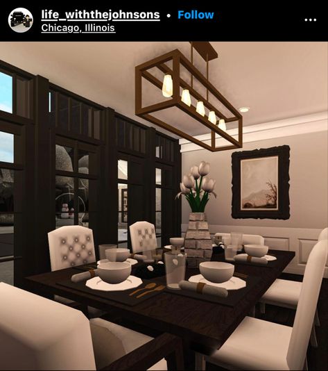 Bloxburg Luxury Dining Room, Dinner Ideas Bloxburg, Dark Academia Aesthetic Bloxburg House, Bloxburg Dinner Room Ideas Modern, Morden Kitchen Ideas Bloxburg, Bloxburg House Ideas Interior Dining Room, Bloxburg Mansion Interior Ideas, Bloxburg Modern Dining Room, Bloxburg Open Space Ideas