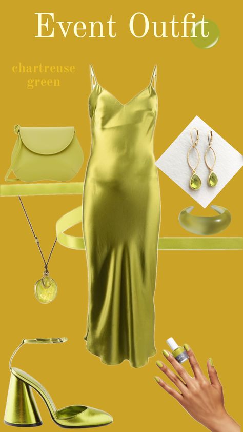 Chartreuse Green outfit inspo idea green dress nails earrings purse heels necklace bracelet Chartreuse Aesthetic Outfit, Chartreuse Outfit Ideas, Green Dress Nails, Chartreuse Aesthetic, Chartreuse Outfit, Green Purse Outfit, Nails Earrings, Chartreuse Dress, Purse Outfit