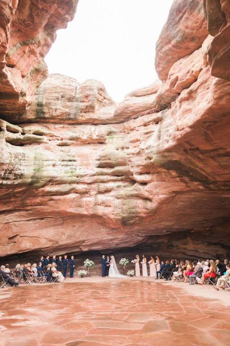 Red Rocks Cave Wedding | Morrison Real Wedding Cave Wedding Ceremony, Red Rocks Wedding Colorado, Geology Wedding, Red Rocks Wedding, Small Country Weddings, Cave Wedding, Red Rock Wedding, Canyon Wedding, Backyard Wedding Ceremony