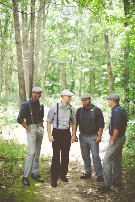 50s Style Wedding Men, Groom Hat Wedding, Gray Suit With Suspenders, Suspenders With Jeans Wedding, Casual Groom Attire Suspenders, Vintage Wedding Suspenders Fedora, Suspenders Men Wedding, Grey Groomsmen Suspenders, 50s Chic