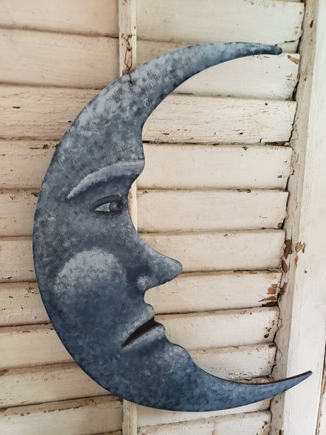 by old soul art Sun And Moon Costume, Blue Crescent Moon, Moon Costume, Halloween Folk Art, Man In The Moon, Paper Mache Sculpture, In The Moon, Ancient Forest, Moon Face