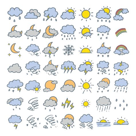 Rain Lighting, Kawaii Weather, Weather Art, Weather Cloud, Weather Icon, Note Doodles, Cloud Stickers, Cute Easy Doodles, Yearbook Themes