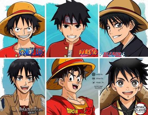 Monkey d. Luffy in different manga styles. #onepiece #luffyxzoro #happybirthdayluffy #luffyedit #monkeydluffy #roronoazoro #onepiecenami #luffyxzoroxnami #naruto #bleach #attackontitan #dragonball #dragonballz #demonslayer #animestyle #anime/manga #animelove #retroanime #anime #animeart #bestanime #animedrawing #animememes #animereview One Piece Crossover, Anime Sisters, Desain Signage, Anime Version, Different Art Styles, Demon Art, Black Anime Characters, Medieval Knight, Anime Fnaf