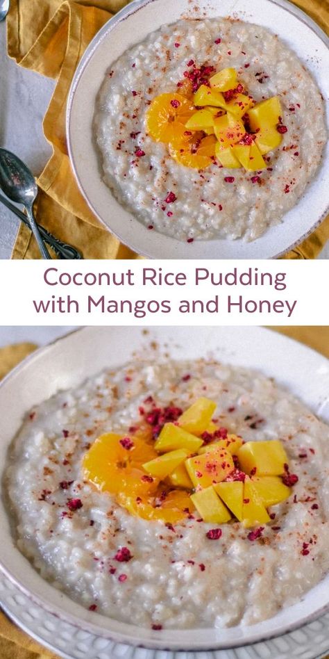 You are going to love this homemade Coconut Rice Pudding with Mangos and Honey for a special dessert or breakfast! It's extra delicious when made with coconut milk and drizzled with Bee Seasonal Silvestre Honey. This recipe is so easy to make! #ricepudding #coconutricepudding #beeseasonal #beeseasonalhoney Honey Recipes Dessert, Breakfast Rice, Honey Dessert, Baby Nutrition, Coconut Rice Pudding, Honey Breakfast, Morel Mushrooms, Delicious Clean Eating, Rice Side Dishes