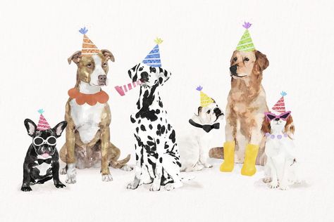 Watercolor dog birthday party illustration psd set with different breeds | premium image by rawpixel.com / Aum Birthday Party Illustration, Animal Party Hats, Giraffe Images, Dog Themed Birthday Party, Party Illustration, Giraffe Illustration, Animals Party, Elephant Birthday, Kids Watercolor