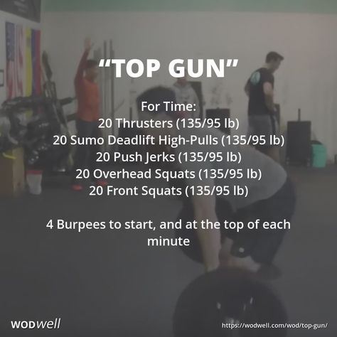 Do 4 burpees every minute, including at the start of the WOD, before continuing the barbell work. Athlete is allowed to move to the next barbell skill once an he/she has completed all 20 reps of the previous barbell movement. If the minute clock beeps during a repetition the athlete will complete their rep and then start their 4 burpees. Crossfit Barbell, Wods Crossfit, Burpee Workout, Sumo Deadlift, Crossfit Workouts Wod, Crossfit Workouts At Home, Kettlebell Cardio, Crossfit At Home, Wod Workout