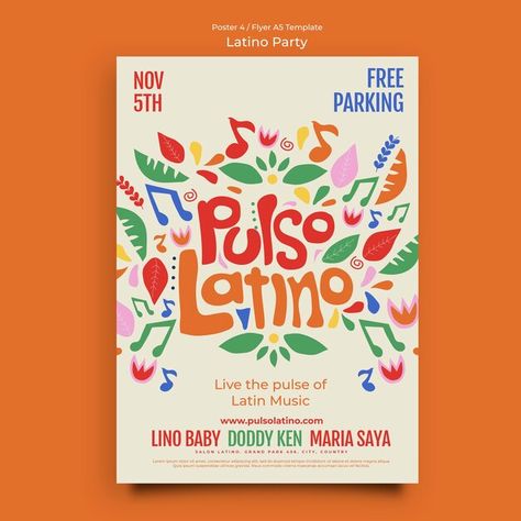 Free PSD | Latino party poster template Latino Party, Event Poster Design Inspiration, Latin Party, Latino Art, Digital Banners, Event Poster Design, Typography Poster Design, Fun Website Design, Poster Design Inspiration