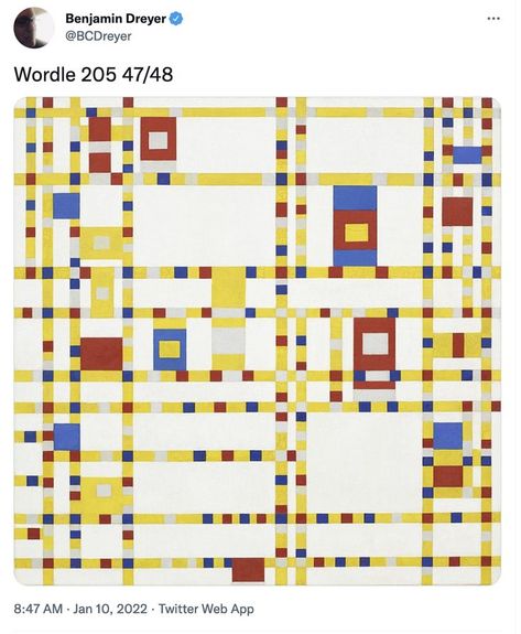 Wordle 205 47/48 ^ Piet Mondrian Wordle ~ Broadway Boogie-Woogie (actual Wordle 205 - QUERY - Jan. 10, 2022) ~ Benjamin Dreyer @BCDreyer Twitter Broadway Boogie Woogie, Mondrian Art, Ville New York, Classic Art Prints, Cubism Art, Black Framed Art, Boogie Woogie, Art Minimaliste, Piet Mondrian