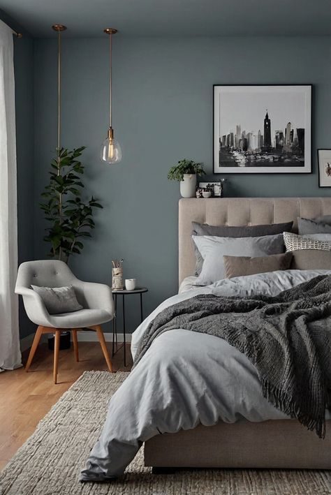 fireplace decorating, bedroom interior design, cozy bedroom decor, master bedroom fireplace Grey Room With Accent Wall, Cozy Bedroom Grey Bed, Charcoal Blue Bedroom, Grey And Light Blue Bedroom, Bedroom Inspirations Grey Bed, Grey Blue Room, Grey And Navy Bedroom Ideas, Grey Bed Bedroom Ideas, Slate Blue Bedroom