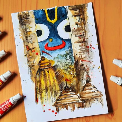 Happy Rath Yatra special painting with watercolor. Jagannath painting with watercolor. Watercolor painting tutorial. Learn watercolor by easy way. Lord Ganesha Watercolor Painting, রথযাত্রা Drawing, Jagannath Watercolor Painting, Jagannath Painting Easy Canvas, Rath Yatra Drawing Easy, God Painting Indian Easy, Jagannath Rath Yatra Painting, Jagannath Sketch, Jagannath Painting Art