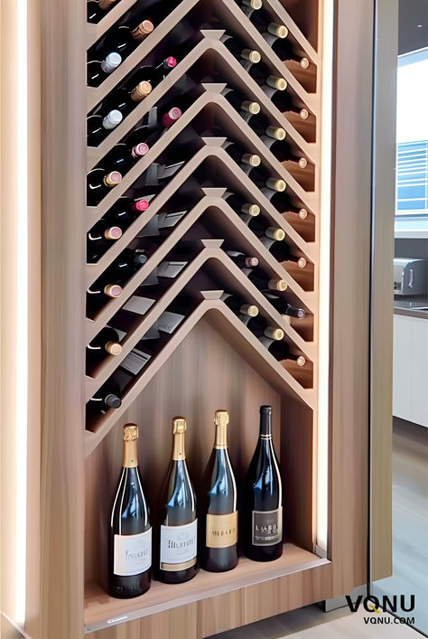 Sleek wall inset wine rack. Perfect for displaying your favorite bottles in style, adding sophistication to any space Modern Wine Racks For Wall, Cool Wine Rack Ideas, Small Wall Wine Rack Ideas, Built In Wall Wine Rack, Home Office Wine Room, Laundry Room With Wine Storage, In Wall Wine Storage, Diagonal Wine Rack, Wine Rack In Dining Room