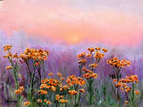 Vintage wildflowers original oil painting of a landscape with yellow flowers at sunrise. Beatiful spring scene with flowers in a field. Perfect for decorating a cozy corner of the living room for farmhouse or cottagecore. 🍁 DETAILS: ● This is an ORIGINAL OIL PAINTING on a wood panel. ● Title: 'Flowers at sunrise' ● 100 % hand painted, not a print. * If you prefer a PRINT: https://www.etsy.com/listing/1367122064 ● It is PAINTED TO ORDER in the chosen dimensions.  * Your painting will be a very similar but unique recreation of the original design, the one in the pictures. *Custom sizes under request. Larger sizes than those listed can be painted on a Rolled Canvas (unstretched & unframed). Contact me! ● FRAMED (3 frame colors to choose from: brown, black or white). * It is a modest but prac Yellow Flower Oil Painting, Abstract Field Of Flowers Painting, Flower Field Landscape Horizontal, Fairy Garden Painting, Spring Art Painting, Field Of Flowers Painting, Wildflower Field Painting, Wild Flower Painting, Painting Yellow Flowers