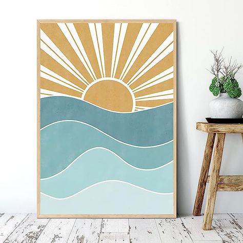 Amazon.com: Boho Sun Canvas Wall Art Abstract Blue Sea Sunset and Sunrise Pictures Boho Sun on the Sea Artwork Boho Minimalist Line Art Prints Abstract Mid Century Modern Poster Prints 16x24inch Frameless: Posters & Prints Boho Ocean Art, Sunrise Art Painting, Boho Sun Mural, Sun And Moon Boho Art, Boho Sunrise Art, Minimal Boho Wave Wall Art, Boho Canvas Art, Sea Artwork, Mid Century Modern Poster