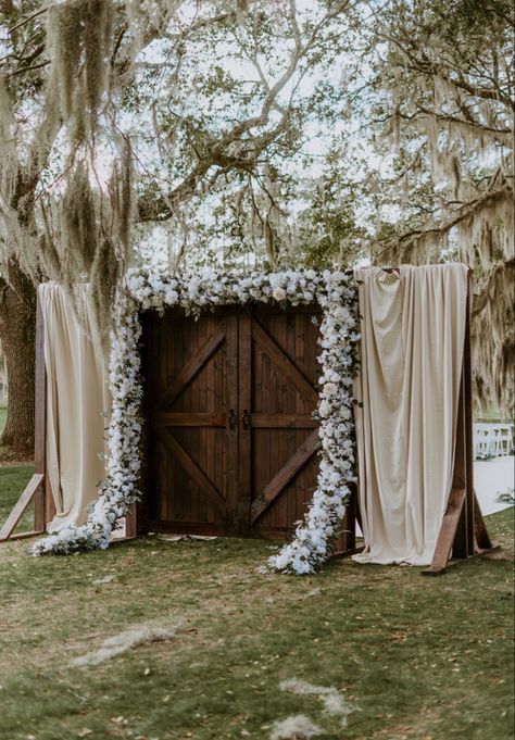 Ceremony doors | wedding ceremony doors | barn doors | wedding ceremony decor | wedding ceremony flowers | wedding ceremony elegant decor | wedding ceremony door entrance | champagne wedding colors | neutral wedding | southern wedding | outdoor ceremony | outdoor ceremony inspo | elegant wedding decor | outdoor wedding | outdoor ceremony decorations | ceremony floral inspo | elegant wedding floral | ceremony flowers | wood doors | wooden doors | barn doors | custom wood doors Wedding Door Entrance Outside, Wedding Ceremony Seating Decor, Door Arch Wedding, Outdoor Ceremony Entrance, Rustic Door Wedding Entrance, Wedding Ceremony Doors Entrance, Alter Backdrop Wedding Outdoor, Doors For Outside Wedding Entrance, Wedding Arch With Doors