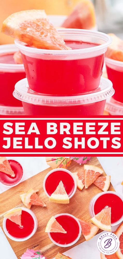 These Sea Breeze Jello Shots are a fun and tasty twist on a classic sea breeze cocktail and regular vodka jello shots, made with the addition of cranberry jello, grapefruit juice, and simple syrup. They’re so easy to make for your next get together! Blue And Red Jello Shots, Jello Shot Recipes Tequila, Wedding Jello Shots, 21st Makeup, Summer Jello Shots, Alcohol Jello Shots, Sea Breeze Cocktail, Vodka Jello Shots, Hello Shots