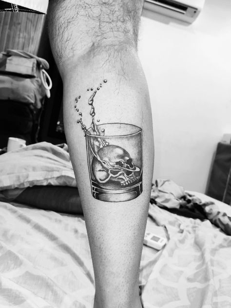 Alcohol Is Poison Tattoo, Letter In A Bottle Tattoo, Bourbon Tattoo Ideas, Bourbon Tattoo, Drinking Tattoos, Whiskey Glass Tattoo, Tender Tattoo, Rum Tattoo, Husband Wife Tattoos