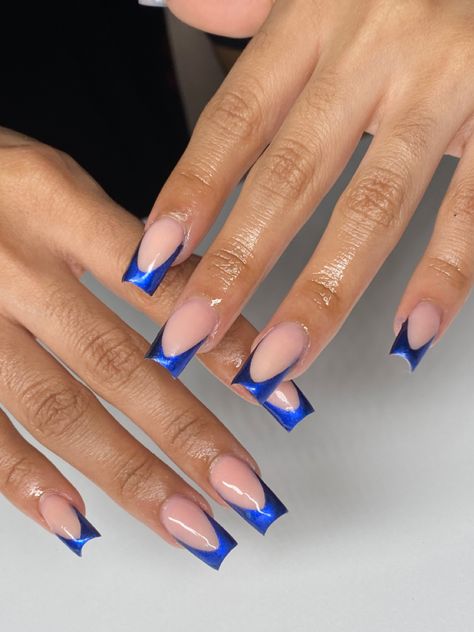 Prom Nails Acrylic Classy Blue, French Blue Chrome Nails, Dark Blue French Tip Acrylic Nails, Metallic Blue French Nails, Chrome Royal Blue Nails, Navy Blue Chrome French Tip Nails, Blue Chrome French Tip Nails Square, Royal Blue Chrome French Tip Nails, Royal Blue Prom Nails Acrylic Short