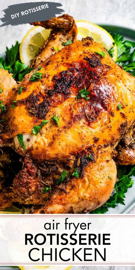 This delicious air fryer rotisserie chicken is simply irresistible. Gently seasoned with Herbes de Provence wet rub, it's moist, tender, and flavorful with a crispy, crackly skin on top! Air Fryer Whole Chicken Recipe, Air Fryer Whole Chicken, Whole Chicken Recipe, Low Carb Pork, Whole Chicken Recipes, Best Air Fryer, Whole Roasted Chicken, Air Fryer Recipes Chicken, Prep Recipes