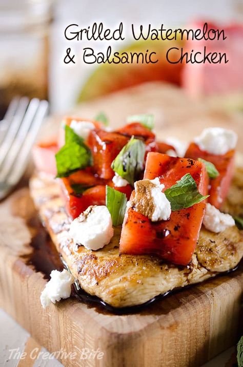 Grilled Watermelon & Balsamic Chicken Chicken And Watermelon, Watermelon Chicken, Healthy Weekly Meal Plan, Goat Cheese Stuffed Chicken, Vegan Pizza Recipe, Grilled Watermelon, Summer Meal, Balsamic Reduction, Weekly Meal Plan