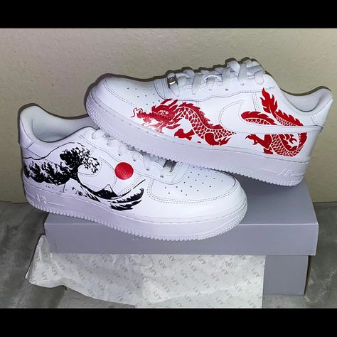 Bought For Myself But Ended Up Being A Bit Too Big Nike Shoes Custom, Sepatu Air Jordan, Dragon Air, Vans Clothing, Custom Sneakers Diy, Air Force 1 Sneakers, Painted Nikes, Nike Air Force 1 Custom, Custom Painted Shoes