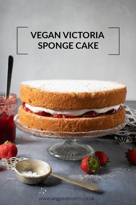 This easy one-bowl vegan Victoria sponge is light, fluffy and absolutely delicious. Strawberry jam and vanilla cream are sandwiched between vanilla sponge cakes. Try this vegan version of the classic British cake recipe.  #victoriasponge #victoriasandwich #vegancake #veganvanillacake #veganvictoriasponge via @katehax Vegan Victoria Sponge, Victoria Sponge Recipe, Healthy Vegan Dessert, British Cake, Vegan Vanilla Cake, Sponge Recipe, Cheesecake Vegan, Victoria Sponge Cake, Sponge Cakes