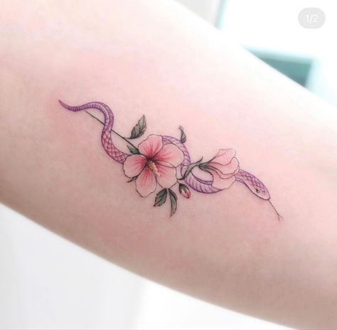 Snake With Flowers Tattoo Simple, Snake Cherry Blossom Tattoo, Cute Snake Tattoos For Women, Pink Snake Tattoo, Pretty Snake Tattoo, Feminine Snake Tattoo, Snake Flower Tattoo, A Snake Tattoo, Snakes Tattoo