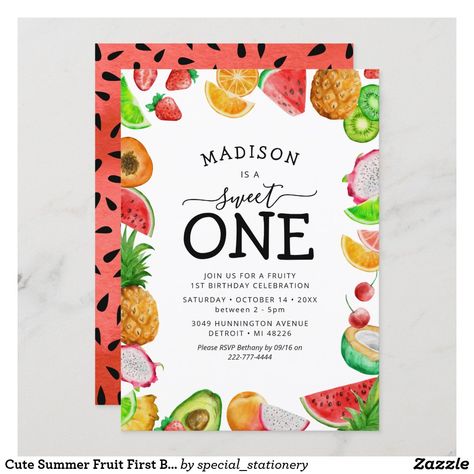 Cute Summer Fruit First Birthday Invitation Fruit Party Invitation, Fruit Birthday Theme Ideas, Fruit Themed First Birthday Party, First Birthday Fruit Theme, Fruit First Birthday Party, Summer First Birthday Theme, Fruit First Birthday, First Birthday Summer, Fruit Party Theme