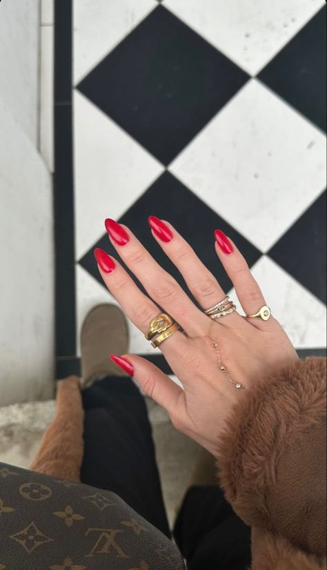 Apple Red Nails, Gold Dainty Jewelry, Dainty Jewelry Gold, Jewelry Gold Rings, Jewelry Stack, Red Nail, Color Jewelry, Apple Red, Classy Nails