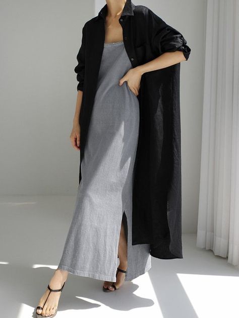 Simple Long Sleeves Split-Side Solid Color Lapel Midi Dresses Shirt Dress Smart Casual Dress, Classic Style Outfits, Oversized Shirt Dress, Fashionista Clothes, Maxi Shirt Dress, Simple Trendy Outfits, Sleeve Midi Dress, Vestido Casual, Long Sleeve Midi