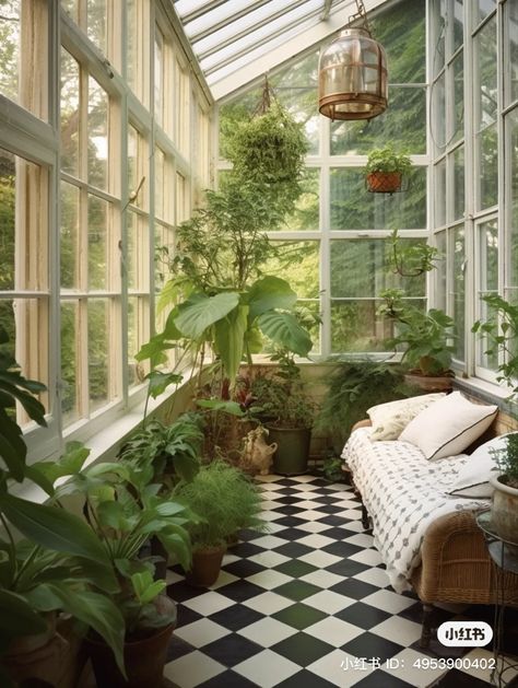 Green House Dining Area, Plants In Skylight, Small Solarium, Tiny Conservatory, Summer House Ideas Interior, Cute Cottage Exterior, Sunroom With Plants, Small Atrium, Greenhouse Porch