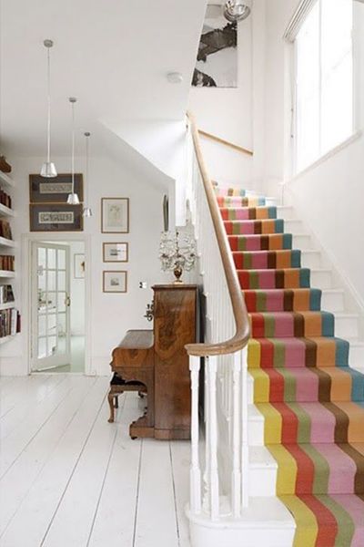 Striped Stair Runner, Painted Staircases, Staircase Runner, Hallway Flooring, Wood Staircase, Painted Stairs, Modern Stairs, Diy Stairs, Wooden Stairs