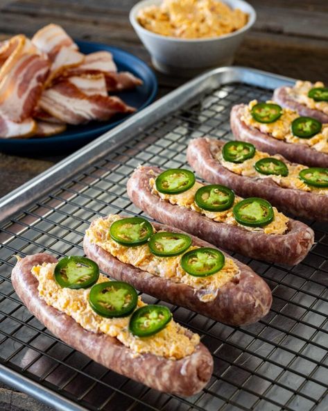 Recipes With Spicy Brats, Smoked Stuffed Brats, Traeger Sausage Recipes, Smoked Football Snacks, Sausage Poppers Boats, Smoked Bacon Wrapped Pork Loin, Smoked Breakfast Recipes, Stuffed Sausage Recipes, Jalapeno Popper Sausage