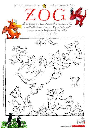 Colour in this fun picture of Zog. Zog Activities, Julia Donaldson Activities Eyfs, Julia Donaldson Activities, The Scarecrows Wedding, Castles Topic, Julia Donaldson Books, Axel Scheffler, Gruffalo's Child, Julia Donaldson