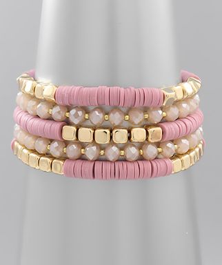 Mix It Up Beaded Bracelet Stack Diy Stack Bracelets, Cute Clay Bead Ideas, Stretchy Bracelets Diy, Bracelet Stack Ideas, Charm Crafts, Swiftie Bracelets, Bracelets Heishi, Stretch Beaded Bracelets Diy, Pink Bracelets