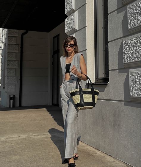 Summer suit, tailored fashion, grey waistcoat, basket bag, Demellier London Follow my shop @pavli_ostrolucka on the @shop.LTK app to shop this post and get my exclusive app-only content! Demellier London, Grey Waistcoat, Tailored Fashion, Summer Suit, Summer Suits, Basket Bag, On Repeat, Street Styles, Santorini