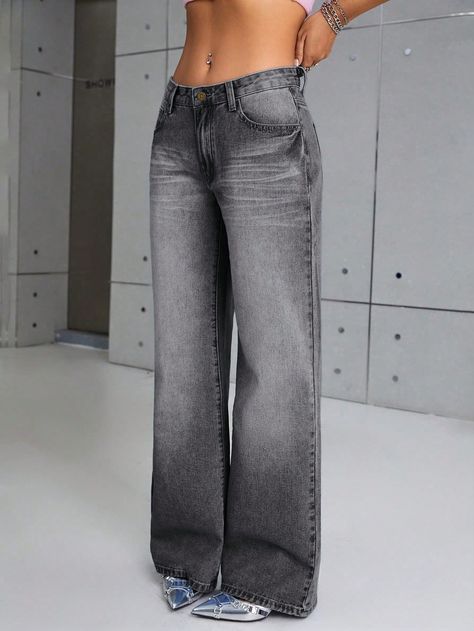 Dark Grey  Collar  Denim Plain Straight Leg Embellished Non-Stretch  Women Clothing Dark Grey Jeans, Rose Jeans, Grey Denim Jeans, Shein Icon, Low Waist Jeans, Loose Fit Jeans, Grey Denim, Women Denim Jeans, Inspiration Mode