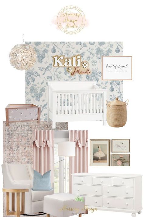 Ahead-we'll share why wallpaper makes an excellent choice for your nursery, and our top picks for the best wallpaper for nursery rooms. Light Blue And Pink Nursery, Nursery Design Studio, Wallpaper For Nursery Girl, Pastel Baby Girl Nursery, Pastel Girl Nursery, Blue And Pink Nursery Girl, Preppy Nursery Girl, Grand Millennial Nursery Girl, Southern Girl Nursery