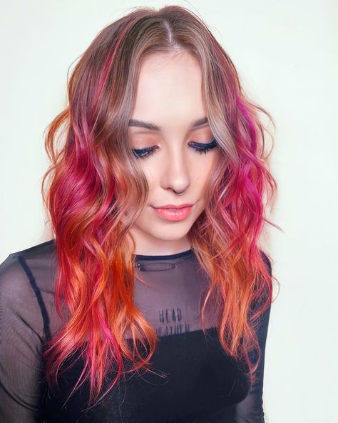 Pink And Orange Balayage, Orange And Pink Highlights, Money Pieces Hair, Orange And Pink Hair, Dyed White Hair, Pink Hair Tips, Sunset Hair Color, Pink Hair Highlights, Pink And Orange Hair