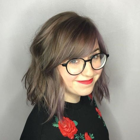 Shaggy Ash Brown Bob With Lavender Highlights Bangs And Glasses, Glasses For Round Faces, Bangs For Round Face, Round Face Shape, Round Face Haircuts, Short Hair Balayage, Short Hair Styles For Round Faces, Round Faces, Hairstyles For Round Faces