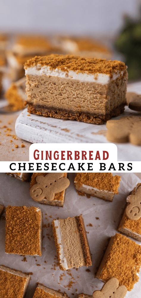 These delicious gingerbread cheesecake bars are a great way to elevate your cheesecake game during the holidays! Gingerbread Dessert, Gingerbread Cheesecake, Quick Dessert Recipes, Cheesecake Bar Recipes, Edible Creations, Holiday Favorite Recipes, Holiday Eating, Gingerbread Recipe, No Bake Bars