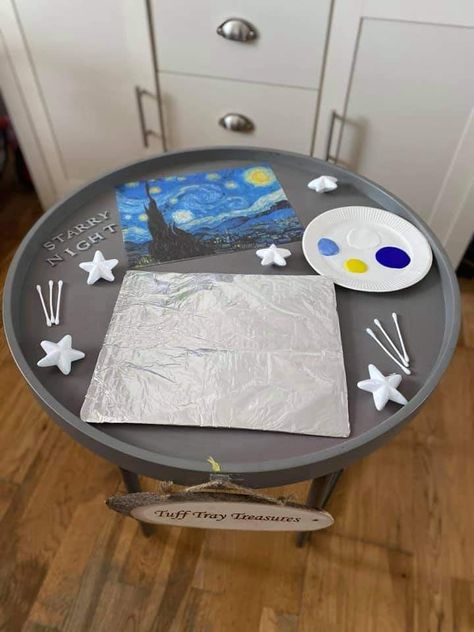 ‘The Starry Night’ - painting on foil set up. ✨ ✨ ✨
 
Thank you so much for the inspiration Kids art, craft and activity ideas - Messy Little Monster and Vincent Van Gogh 💙 Day And Night Eyfs Activities, Light And Dark Topic Eyfs, Twinkle Twinkle Little Star Eyfs Activities, Space Themed Tuff Tray, How To Catch A Star Eyfs Activities, Painting On Foil, Mae Jemison, Weather Crafts, Childrens Books Activities