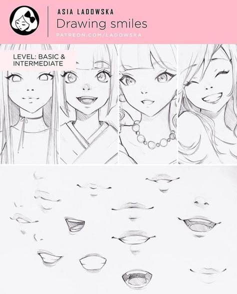 Drawing Tips Mouth, Drawing Mouths, Asia Ladowska, Anime Mouth Drawing, Anime Mouths, Smile Drawing, Mouth Drawing, 얼굴 드로잉, Anime Tutorial