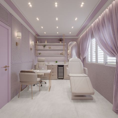 Small Lash Salon Interior Design, Suite Room Design Salon, Small Botox Room Ideas, Kozmeticki Salon Ideje, Lilac Beauty Salon, Mini Beauty Salon Ideas, In Home Beauty Studio, Lavender Esthetician Room, Women Clinic Interior Design