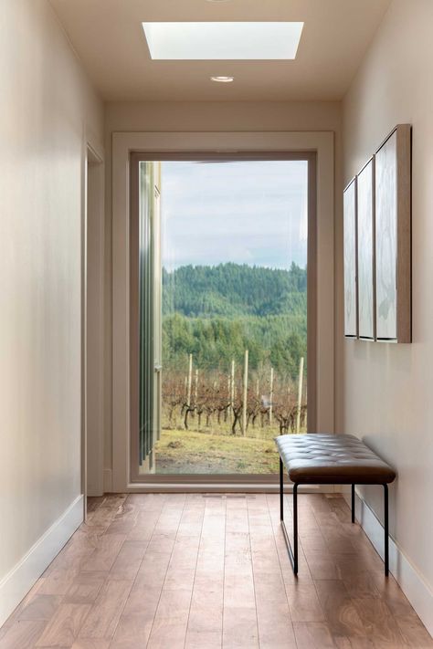 Window At The End Of A Hallway, Window At End Of Hallway, Hallway With Window At End, Woolshed House, Floor Length Windows, Hallway Window, Home In Forest, Forest Grove Oregon, End Of Hallway