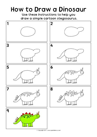 How to Draw a Dinosaur Instruction Sheet (SB11878) - SparkleBox Directed Drawing Kindergarten, Thema Dino, Preschool Creative Art, Kindergarten Drawing, Art For Kids Hub, 2d Drawing, Drawing Lessons For Kids, How To Draw Steps, Dinosaur Drawing