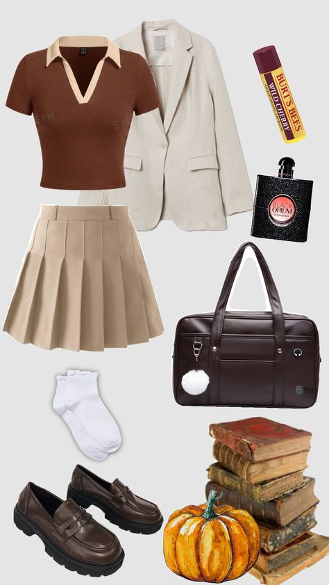 #autumn #fall #outfit #darkacademia #bookish #booklover #school #autumnacademia #brown ~♡~ Bookish Outfits, Library Outfits, Tiktok Aesthetics, Middle School Fashion, College Wardrobe, Class Outfits, High School Fashion, High School Outfits, Stylish Fall Outfits