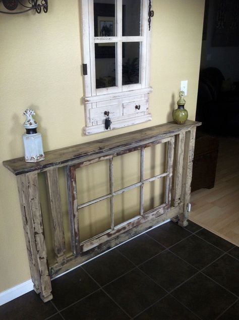 What and amazing handmade piece, with an antique window in the middle! Etsy.com Room Staging, Vstupná Hala, Old Window Projects, Repurposed Windows, Antique Window, Entry Table Decor, Old Window Frame, Window Crafts, Window Projects